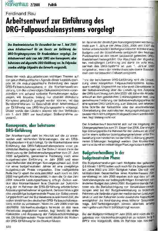 Vorschauseite 1: Arbeitsentwurf zur Einführung des DRG-Fallpauschalensystems vorgelegt