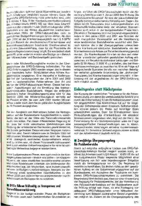 Vorschauseite 2: Arbeitsentwurf zur Einführung des DRG-Fallpauschalensystems vorgelegt
