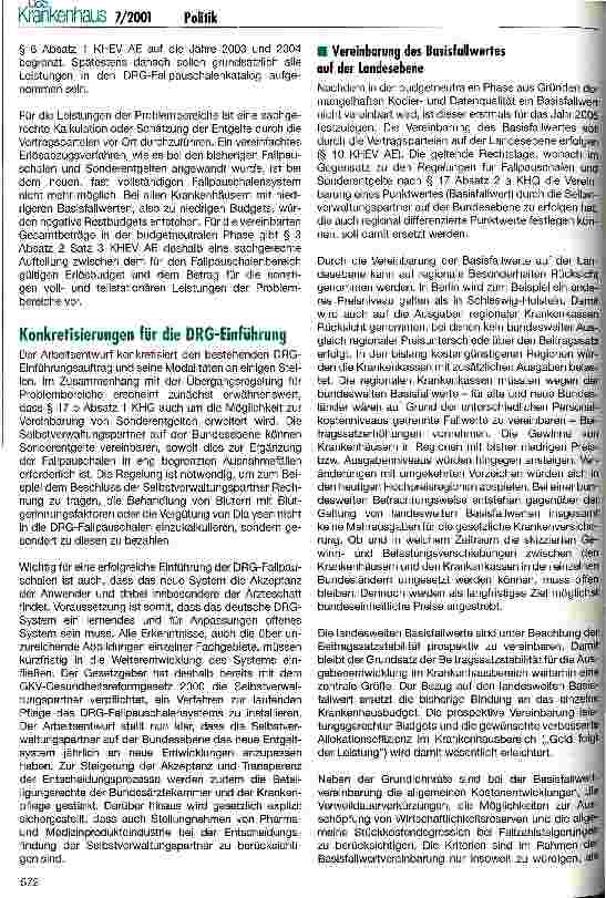 Vorschauseite 3: Arbeitsentwurf zur Einführung des DRG-Fallpauschalensystems vorgelegt