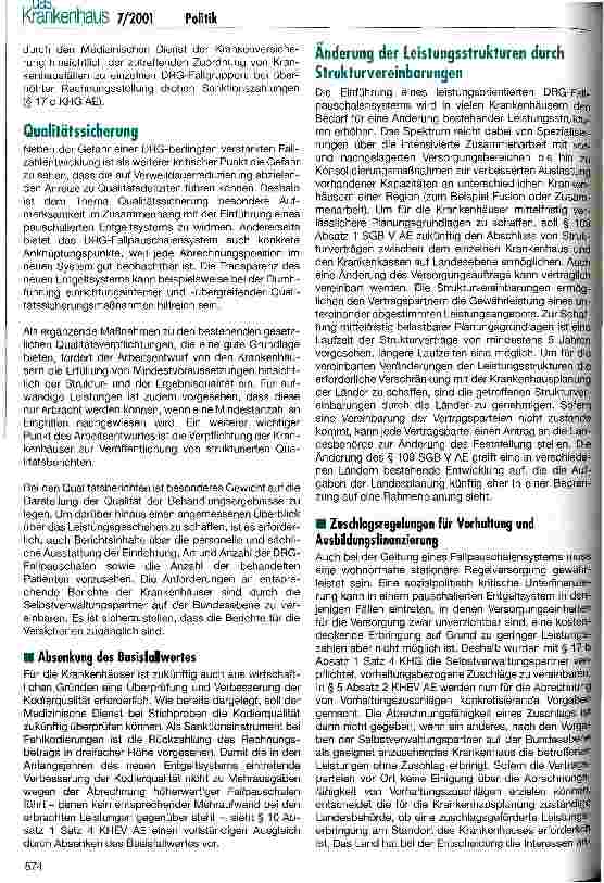 Vorschauseite 5: Arbeitsentwurf zur Einführung des DRG-Fallpauschalensystems vorgelegt