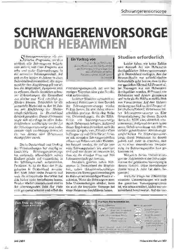 Vorschauseite 1: SCHWANGERENVORSORGE DURCH HEBAMMEN