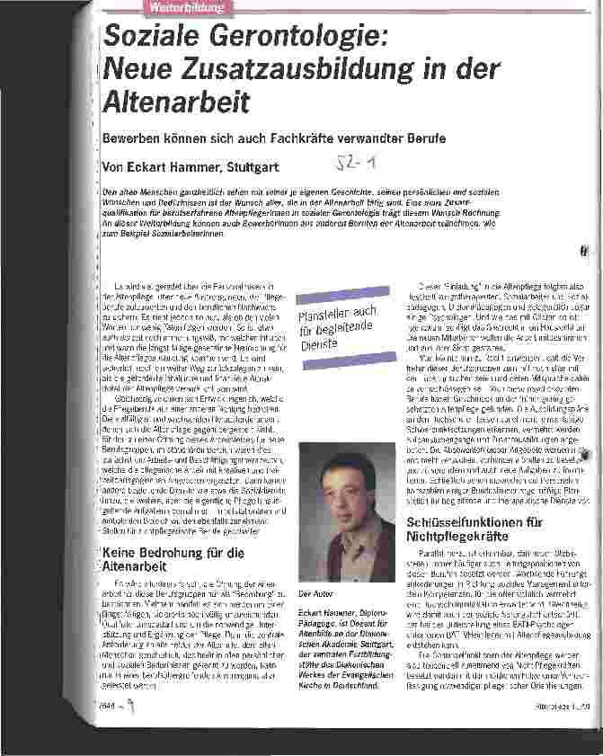 Vorschauseite 1: Soziale Gerontologie: Neue Zusatzausbildung in der Altenarbeit Bewerben können sich auch Fachkräfte verwandter Berufe