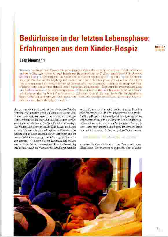Vorschauseite 1: Bedürfnisse in der letzten Lebensphase Erfahrungen aus dem Kinder-Hospiz
