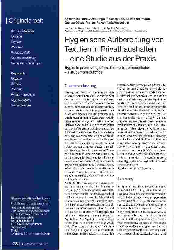 Vorschauseite 1: Hygienische Aufbereitung von Textilien in Privathaushalten - eine Studie aus der Praxis