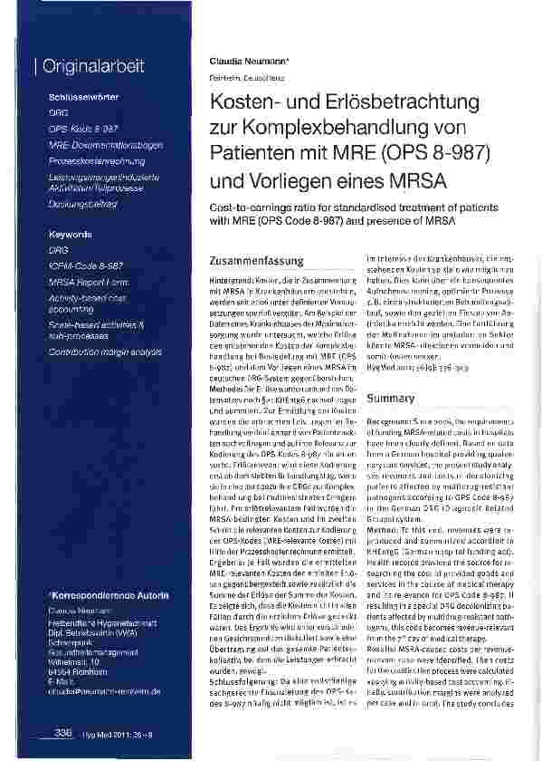 Vorschauseite 1: Kostenund Erlösbetrachtung zur Komplexbehandlung von Patienten mit MRE (OPS 8-987)und Vorliegen eines MRSA