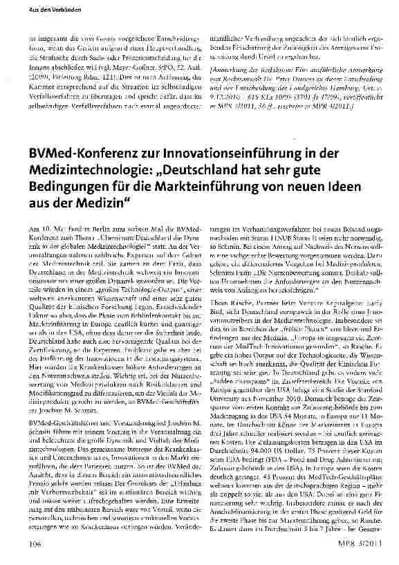 Vorschauseite 1: BVMed-Konferenz zur Innovationseinführung in der Medizintechnologie: „Deutschland hat sehr gute Bedingungen für die Markteinführung von neuen Ideen aus der Medizin