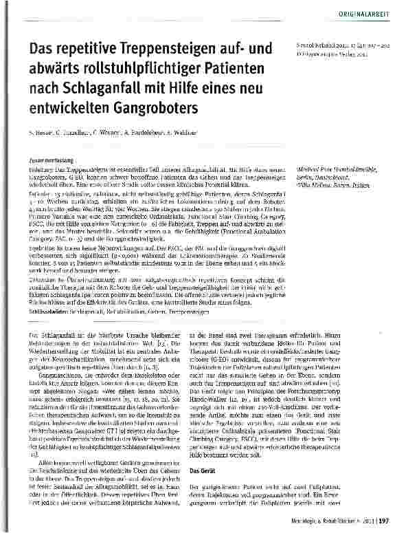 Vorschauseite 1: Das repetitive Treppensteigen aufund abwärts rollstuhlpflichtiger Patienten nach Schlaganfall mit Hilfe eines neu entwickelten Gangroboters