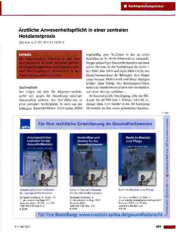Vorschauseite 1: Ärztliche Anwesenheitspflicht in einer zentralen Notdienstpraxis BSG vom 11.5.2011 (B 6 KA 23/10 R)