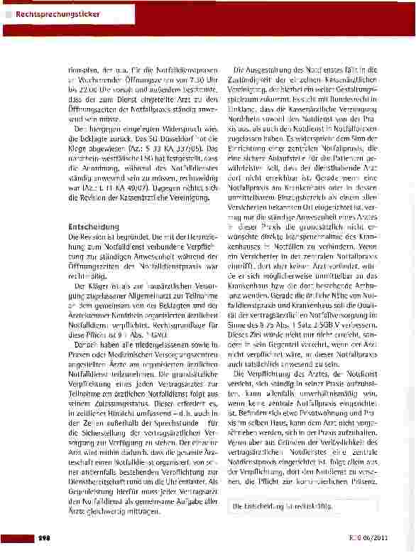 Vorschauseite 2: Ärztliche Anwesenheitspflicht in einer zentralen Notdienstpraxis BSG vom 11.5.2011 (B 6 KA 23/10 R)