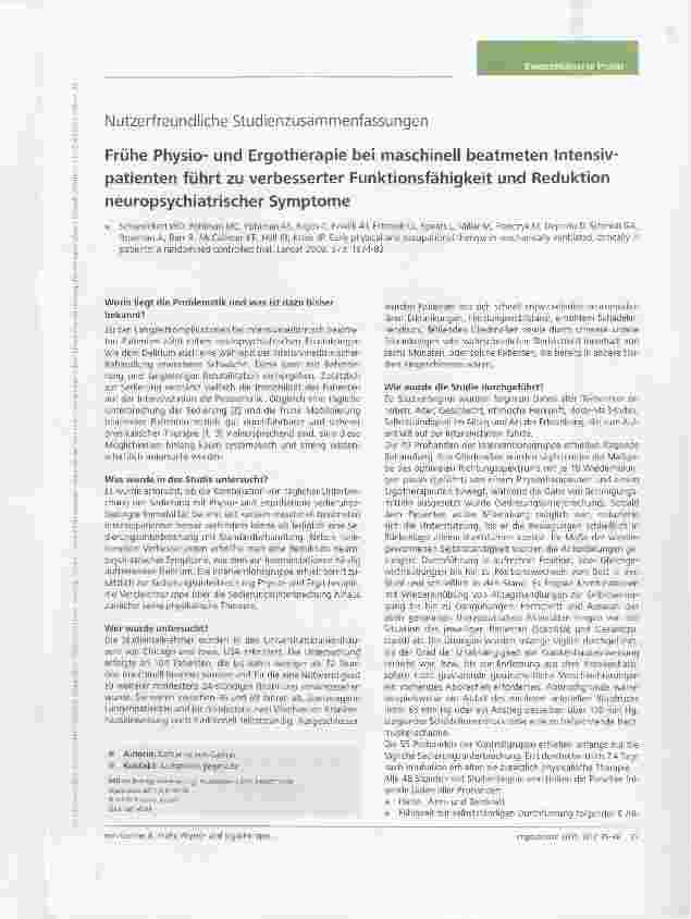 Vorschauseite 1: Frühe Physiound Ergotherapie bei maschinell beatmeten Intensivpatienten führt zu verbesserter Funktionsfähigkeit und Reduktion neuropsychiatrischer Symptome