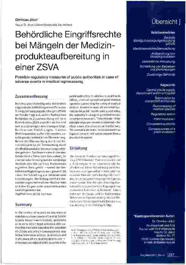 Vorschauseite 1: Behördliche Eingriffsrechte bei Mängeln der Medizinprodukteaufbereitung in einer ZSVA