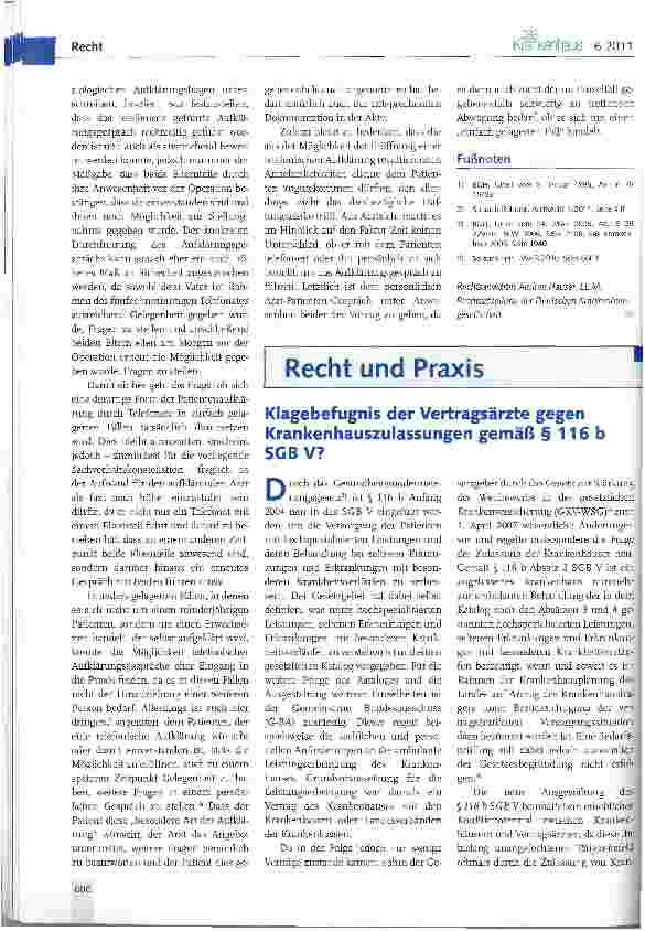 Vorschauseite 1: Klagebefugnis der Vertragsärzte gegen Krankenhauszulassungen gemäß § 116 b SGB V?