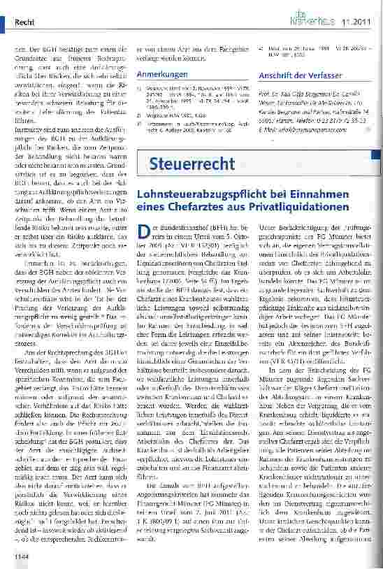 Vorschauseite 1: Lohnsteuerabzugspflicht bei Einnahmen eines Chefarztes aus Privatliquidationen