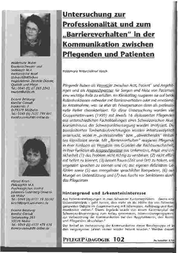 Vorschauseite 1: Untersuchung zur Professionalität und zum Barriereverhalten in der Kommunikation zwischen Pflegenden und Patienten