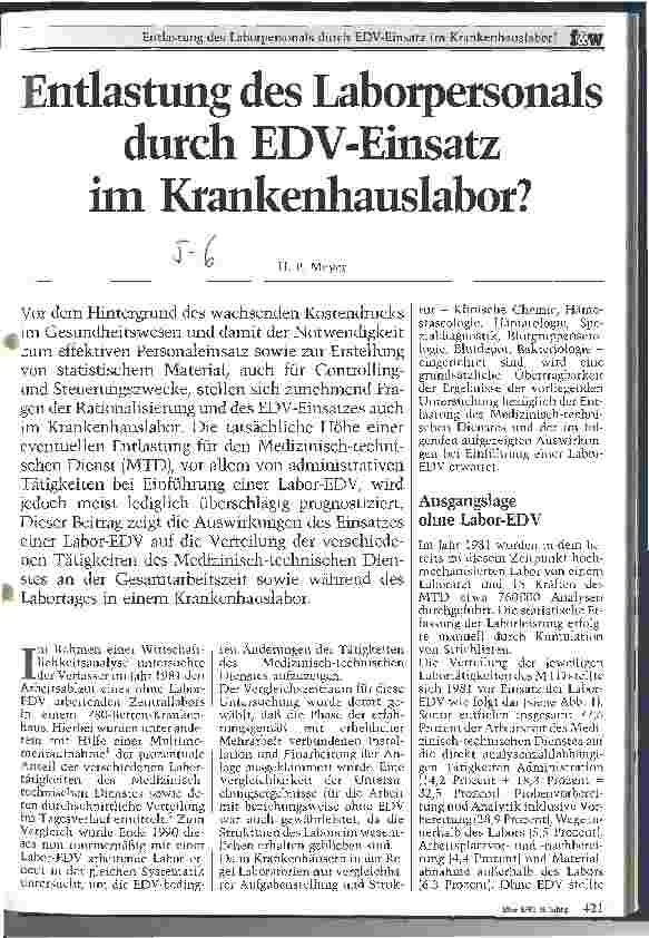 Vorschauseite 1: Entlastung des Laborpersonals durch EDV-Einsatz im Krankenhauslabor?
