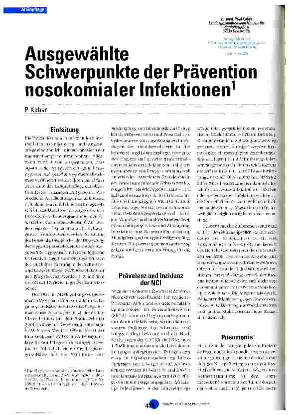 Vorschauseite 1: Ausgewählte Schwerpunkte der Prävention nosokomialer Infektionen