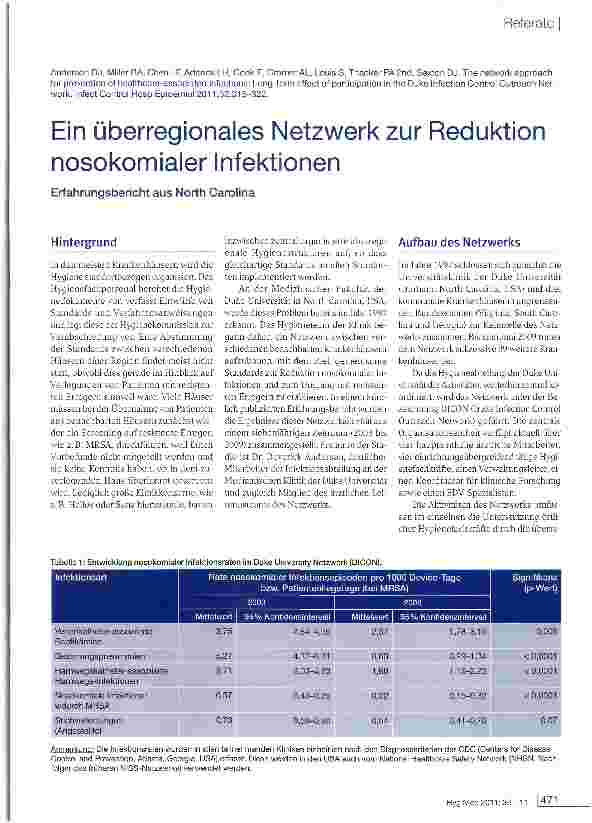 Vorschauseite 1: Ein überregionales Netzwerk zur Reduktion nosokomialer Infektionen