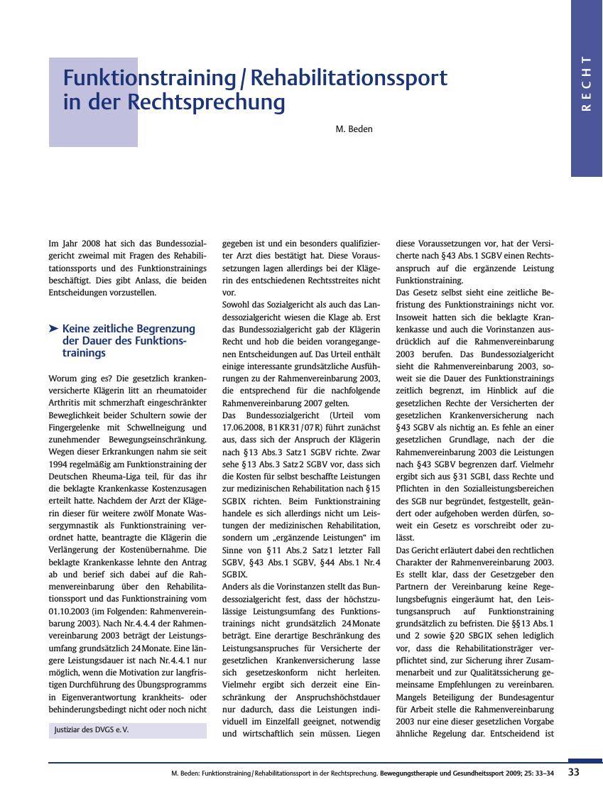 Vorschauseite 1: Funktionstraining / Rehabilitationssport in der Rechtsprechung