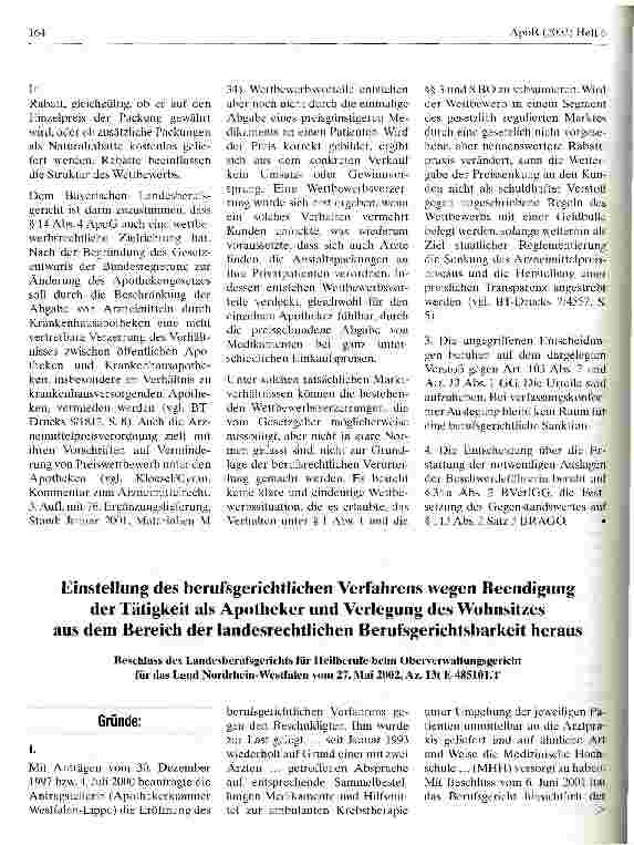Vorschauseite 1: Einstellung des berufsgerichtlichen Verfahrens wegen Beendigung der Tätigkeit als Apotheker und Verlegung des Wohnsitzes aus dem Bereich der landesrechtlichen Berufsgerichtsbarkei…