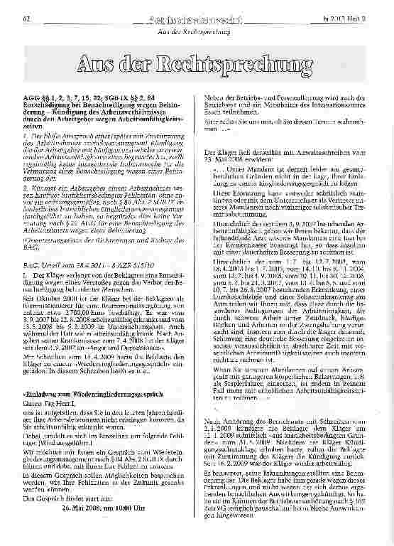 Vorschauseite 1: AGG §§ 1, 2, 3, 7, 157 22; SGB IX §§ 2, 84 Entschädigung bei Benachteiligung wegen Behinderung - Kündigung des Arbeitsverhältnisses durch den Arbeitgeber wegen Arbeitsunfähigkeits…