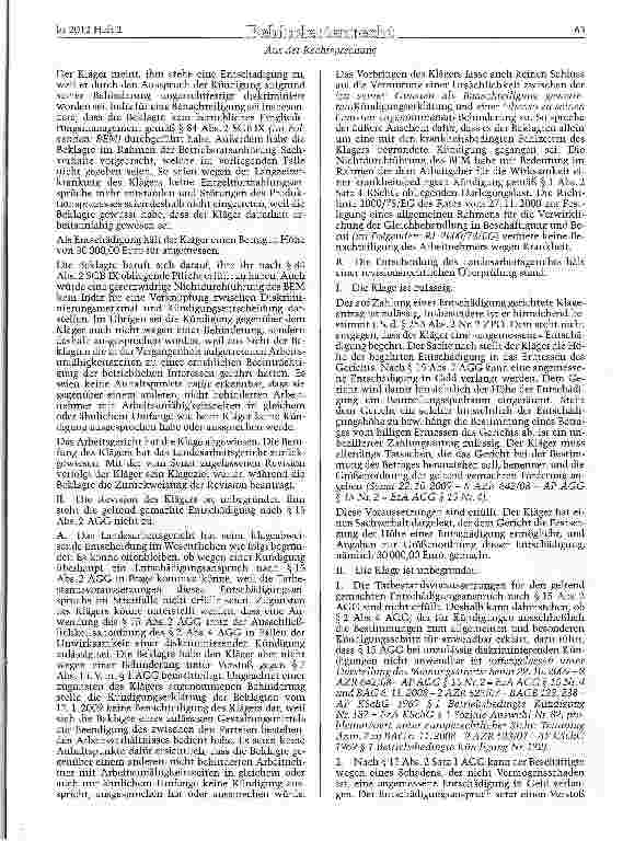 Vorschauseite 2: AGG §§ 1, 2, 3, 7, 157 22; SGB IX §§ 2, 84 Entschädigung bei Benachteiligung wegen Behinderung - Kündigung des Arbeitsverhältnisses durch den Arbeitgeber wegen Arbeitsunfähigkeits…