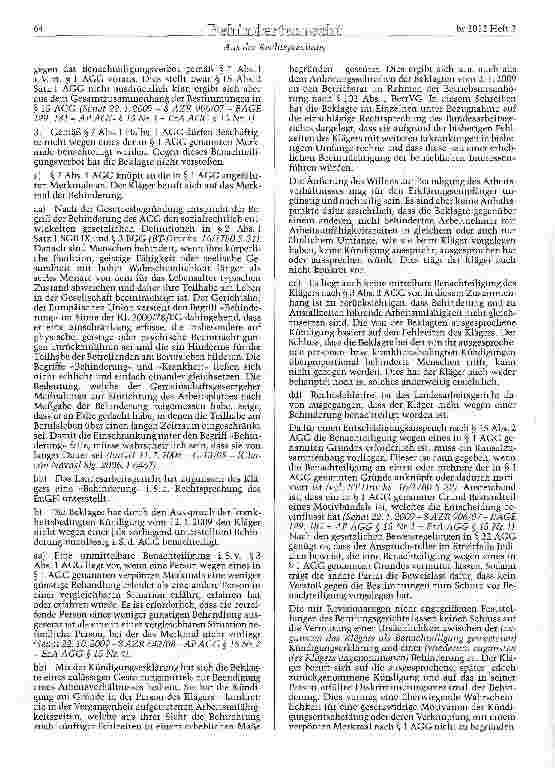 Vorschauseite 3: AGG §§ 1, 2, 3, 7, 157 22; SGB IX §§ 2, 84 Entschädigung bei Benachteiligung wegen Behinderung - Kündigung des Arbeitsverhältnisses durch den Arbeitgeber wegen Arbeitsunfähigkeits…