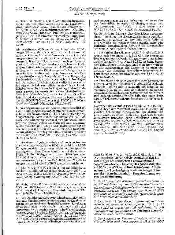 Vorschauseite 4: AGG §§ 1, 2, 3, 7, 157 22; SGB IX §§ 2, 84 Entschädigung bei Benachteiligung wegen Behinderung - Kündigung des Arbeitsverhältnisses durch den Arbeitgeber wegen Arbeitsunfähigkeits…