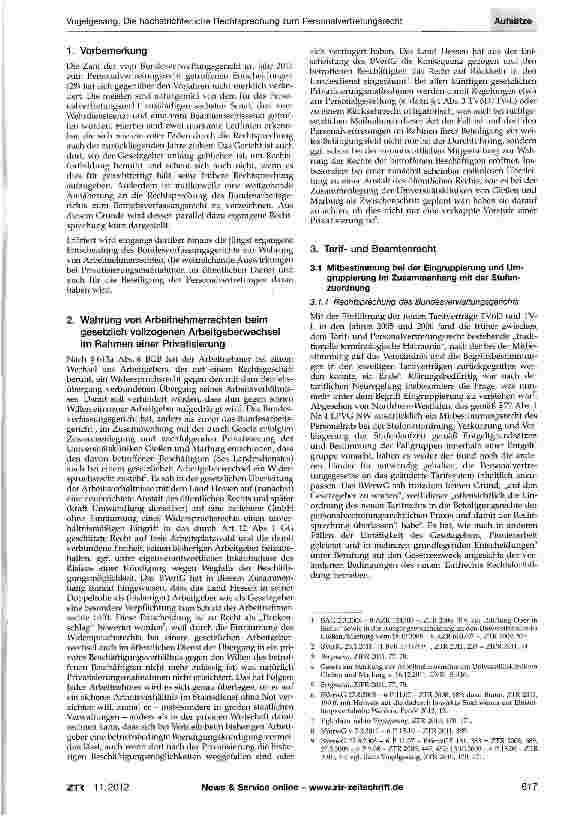 Vorschauseite 2: Die höchstrichterliche Rechtsprechung zum Personalvertretungsrecht (und auch Betriebsverfassungsrecht) im Jahr 2011