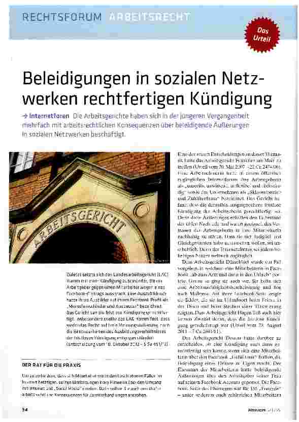 Vorschauseite 1: Beleidigungen in sozialen Netzwerken rechtfertigen Kündigung