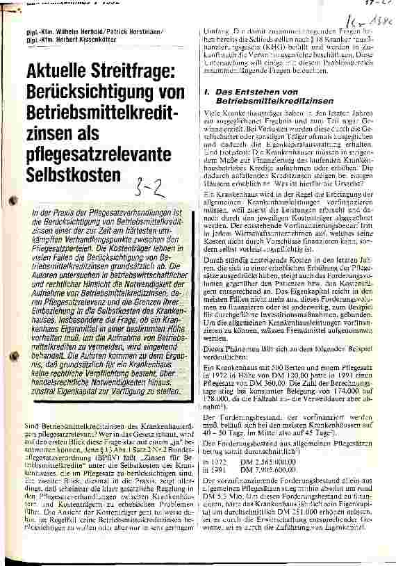 Vorschauseite 1: Aktuelle Streitfrage: Berücksichtigung von Betriebsmittelkreditzinsen als pflegesatzrelevante Selbstkosten