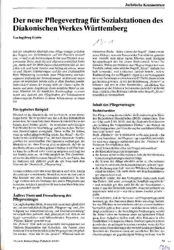 Vorschauseite 1: Der neue Pflegevertrag für Sozialstationen des Diakonischen Werkes Württemberg