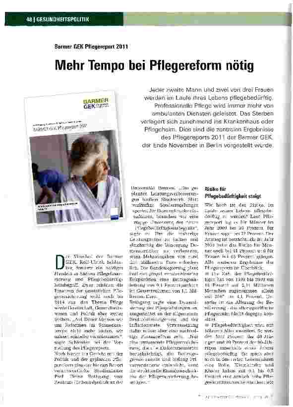Vorschauseite 1: Mehr Tempo bei Pflegereform nötig