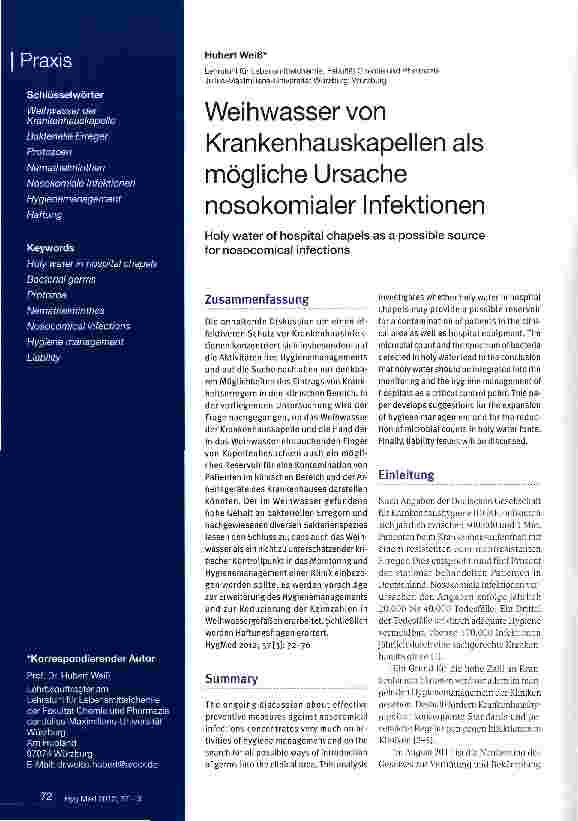 Vorschauseite 1: Weihwasser von Krankenhauskapellen als mögliche Ursache nosokomialer Infektionen