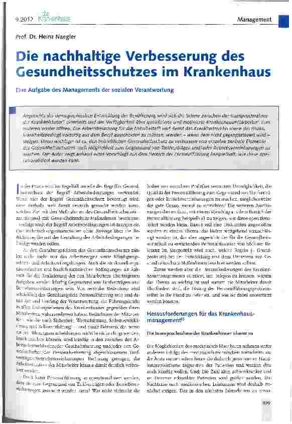 Vorschauseite 1: Die nachhaltige Verbesserung des Gesundheitsschutzes im KrankenhausEine Aufgabe des Managements der sozialen Verantwortung