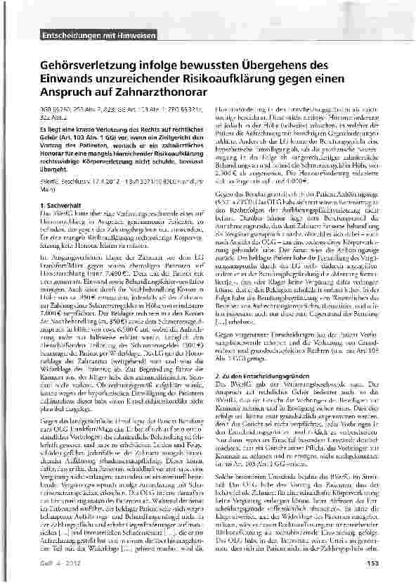 Vorschauseite 1: Gehörsverletzung infolge bewussten Übergehens des Einwands unzureichender Risikoaufklärung gegen einen Anspruch auf Zahnarzthonorar