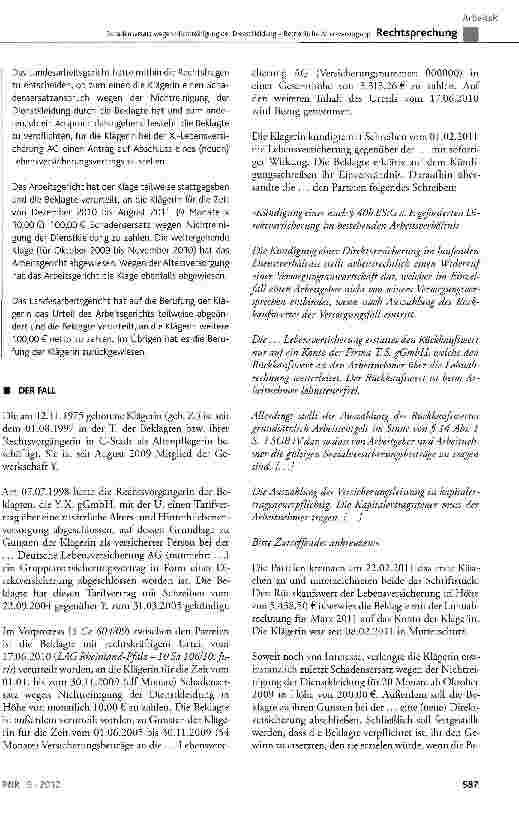 Vorschauseite 2: Schadensersatz wegen Nichtreinigung der Dienstkleidung - Betriebliche AltersversorgungMTV Pro Seniore § 25 Ziff. 1 und 2; BGB § 280 Abs. 3; BetrAVG § 2; TVG § 1, § 4 Abs. 5; VVG §…