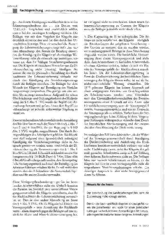 Vorschauseite 5: Schadensersatz wegen Nichtreinigung der Dienstkleidung - Betriebliche AltersversorgungMTV Pro Seniore § 25 Ziff. 1 und 2; BGB § 280 Abs. 3; BetrAVG § 2; TVG § 1, § 4 Abs. 5; VVG §…