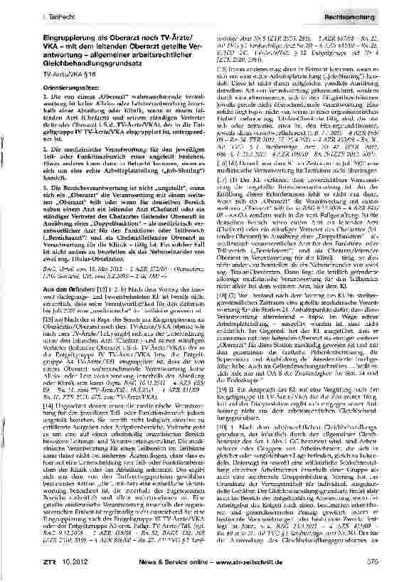 Vorschauseite 1: Eingruppierung als Oberarzt nach TV-Ärzte/ VKA - mit dem leitenden Oberarzt geteilte Verantwortung - allgemeiner arbeitsrechtlicher Gleichbehandlungsgrundsatz TV-Ärzte/VKA§16