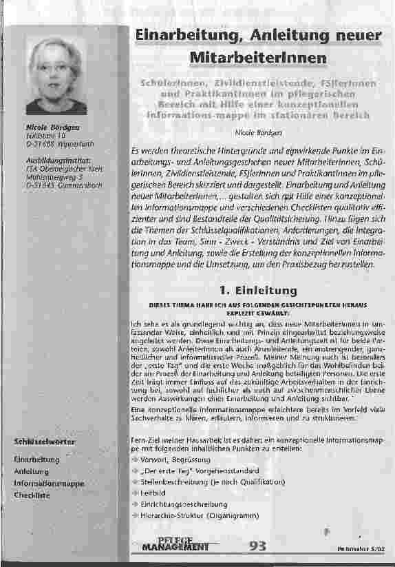 Vorschauseite 1: Einarbeitung, Anleitung neuer MitarbeiterInnen SchülerInnen, Zivildienstleistende, FSJIerInnen und PraktikantInnen im pflegerischen Bereich mit Hilfe einer konzeptionellen Informa…