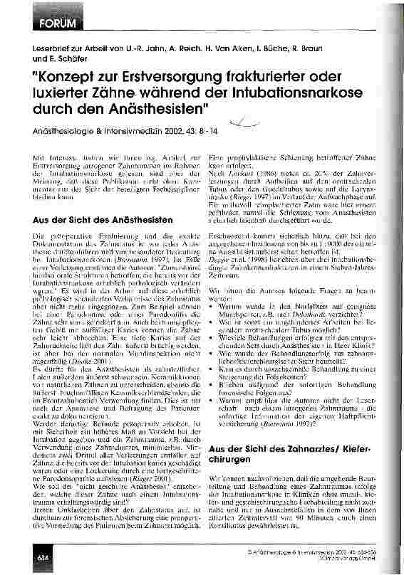 Vorschauseite 1: Leserbrief zu Konzept zur Erstversorgung frakturierter oder luxierter Zähne während der Intubationsnarkose durch den Anästhesisten