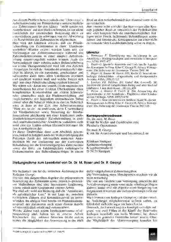 Vorschauseite 2: Leserbrief zu Konzept zur Erstversorgung frakturierter oder luxierter Zähne während der Intubationsnarkose durch den Anästhesisten