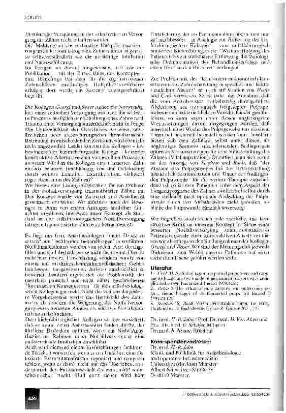Vorschauseite 3: Leserbrief zu Konzept zur Erstversorgung frakturierter oder luxierter Zähne während der Intubationsnarkose durch den Anästhesisten