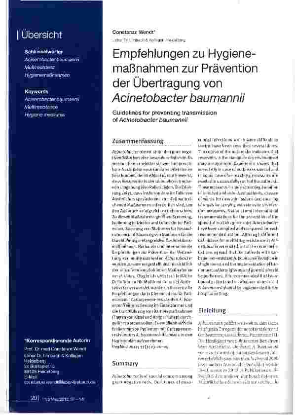 Vorschauseite 1: Empfehlungen zu Hygiene-maßnahmen zur Prävention der Übertragung von Acinetobacter baumannii