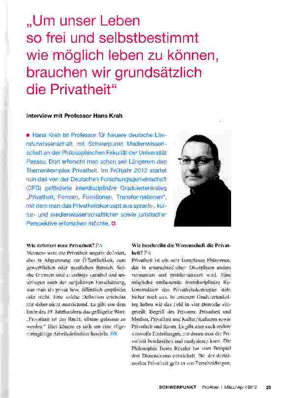 Vorschauseite 1: „Um unser Leben so frei und selbstbestimmt wie möglich leben zu können, brauchen wir grundsätzlich die Privatheit