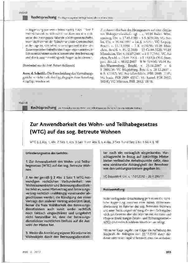 Vorschauseite 1: Zur Anwendbarkeit des Wohnund Teilhabegesetzes (WTG) auf das sog. Betreute Wohnen