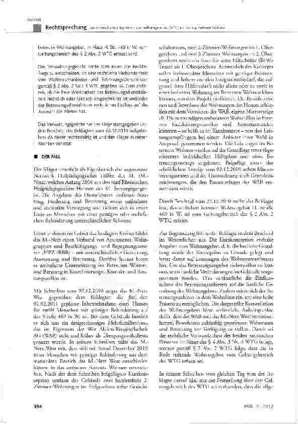 Vorschauseite 2: Zur Anwendbarkeit des Wohnund Teilhabegesetzes (WTG) auf das sog. Betreute Wohnen