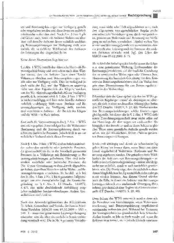Vorschauseite 5: Zur Anwendbarkeit des Wohnund Teilhabegesetzes (WTG) auf das sog. Betreute Wohnen
