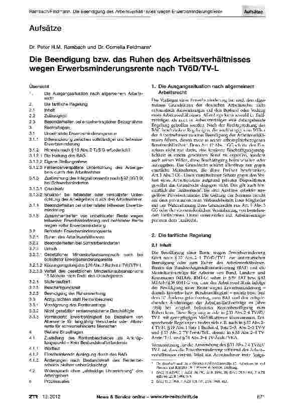 Vorschauseite 1: Die Beendigung bzw. das Ruhen des Arbeitsverhältnisses wegen Erwerbsminderungsrente nach TVöD/TV-L