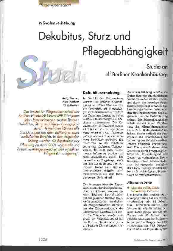 Vorschauseite 1: Dekubitus, Sturz und Pflegeabhängigkeit Studie an elf Berliner Krankenhäusern
