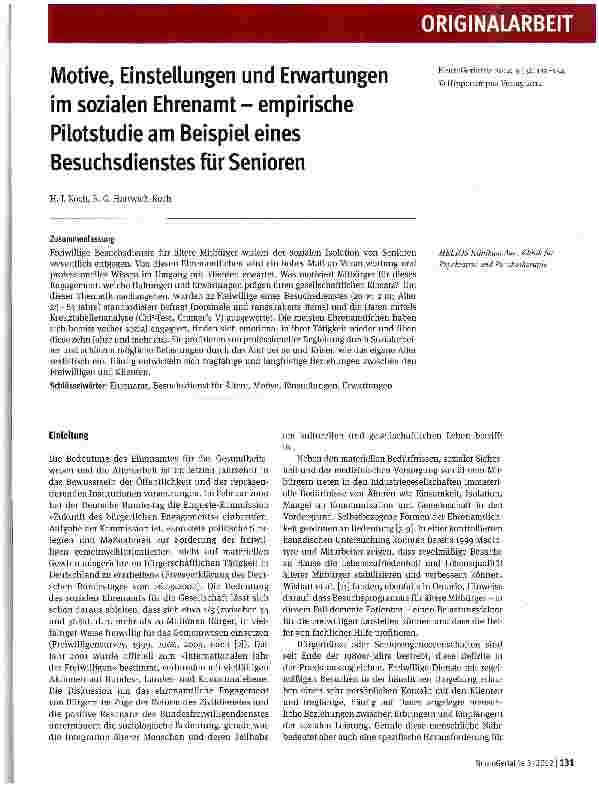 Vorschauseite 1: Motive, Einstellungen und Erwartungen im sozialen Ehrenamt - empirische Pilotstudie am Beispiel eines Besuchsdienstes für Senioren